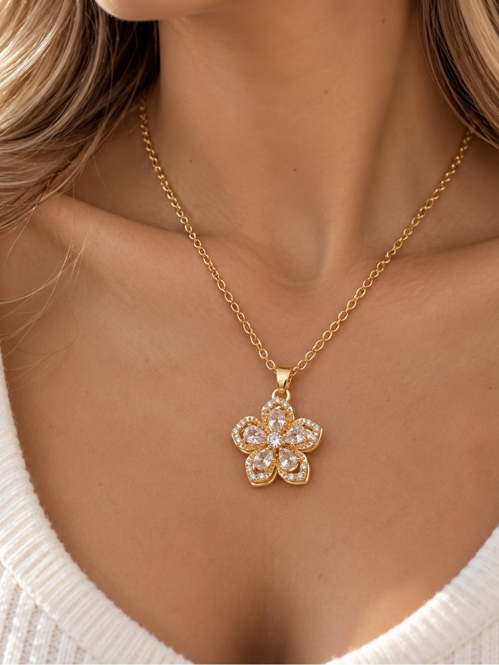 Gold Floral Crystal Pendant Necklace - Picture 3 of 5
